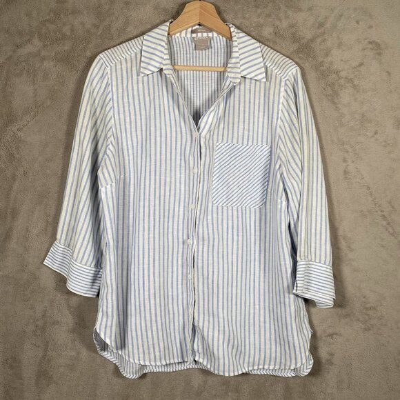 Chicos No Iron 100% Linen Shirt 2 Button Up Blue Striped Beachy Coastal Preppy - Picture 2 of 15